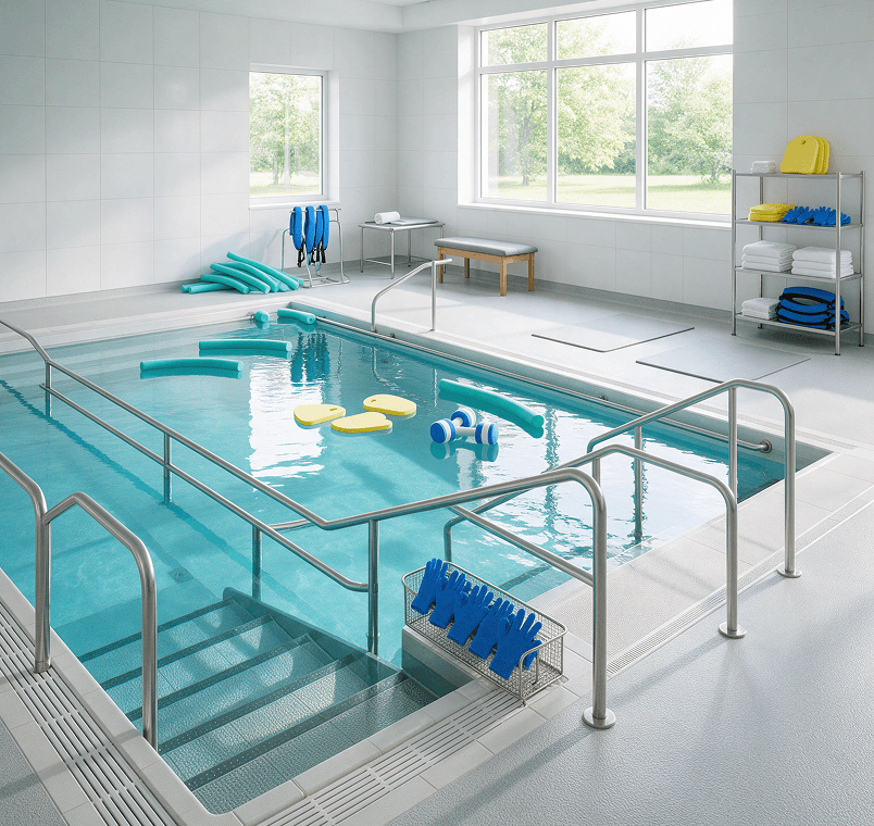 Patient participating in a guided aquatherapy rehabilitation session